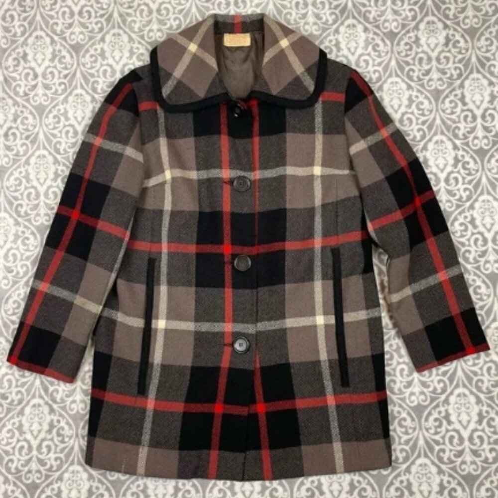 vintage pendleton plaid jacket high collar brown black lightweight 50's women 16